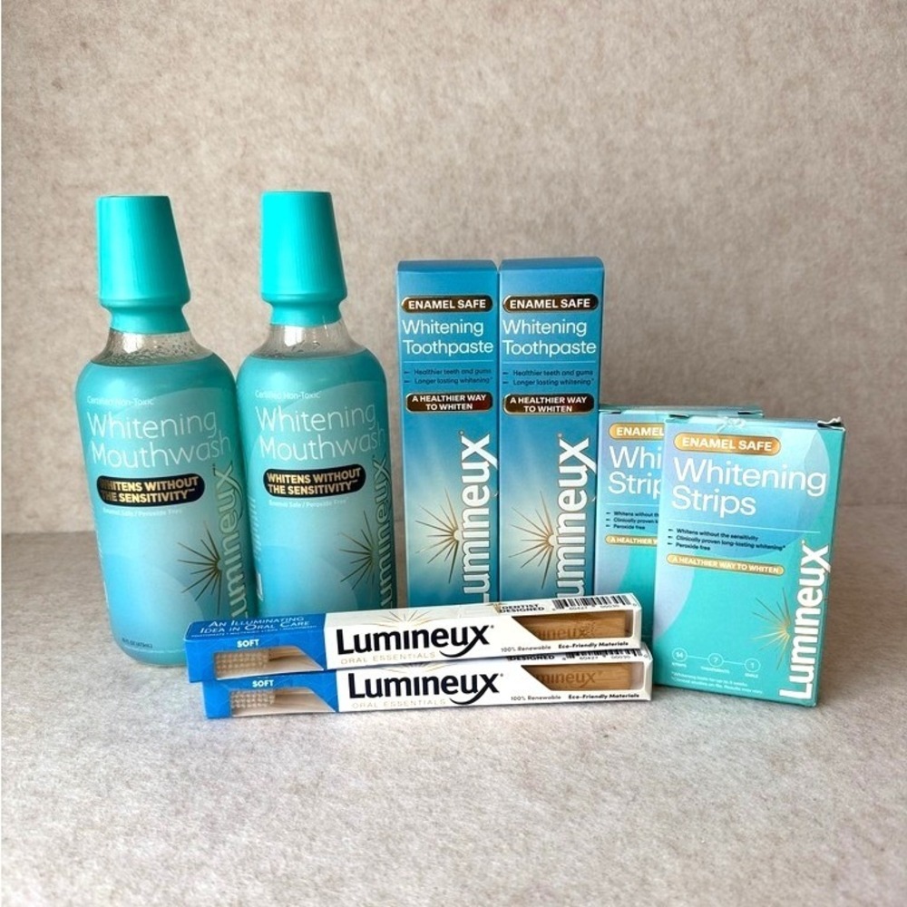 2 pack Lumineux Oral Essentials Whitening Kit Mouthwash Toothpaste Strips Brush